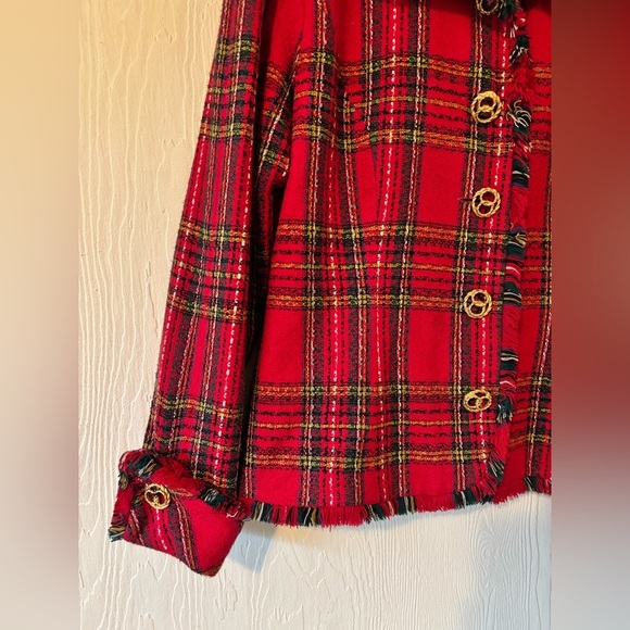 Vintage Red Tweed Plaid Knit Woven Raw Hem Fringe Blazer Jacket Gold Buttons - Picture 7 of 12